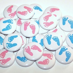 Gender Reveal Baby Feet Footprints Theme Baby Shower Party Favors (20 Pack) Buttons 1&quot; or 1.5&quot; or 2.25&quot; Pin Back Button Pink Blue Magnets