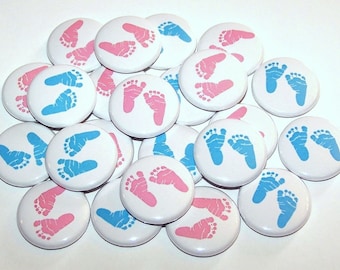 Gender Reveal Baby Feet Footprints Theme Baby Shower Party Favors (20 Pack) Buttons 1" or 1.5" or 2.25" Pin Back Button Pink Blue Magnets