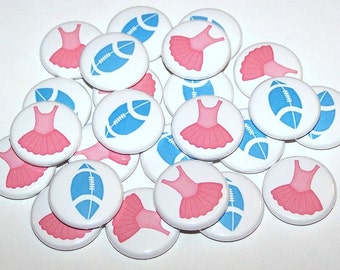 Tutus & Touchdowns Football Gender Reveal Party (20 Pack) Buttons Baby Shower Favor 1" or 1.5" or 2.25" Pin Back Button Pink Blue Magnets
