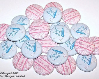 Lures or Lace Gender Reveal Party (20 Pack) Buttons Baby Shower Favor 1" or 1.5" or 2.25" Pin Back Button Pink Blue Magnet Fishing Bobbers