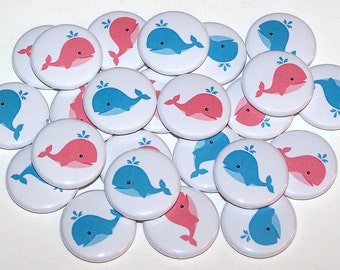 Baby Whales Gender Reveal Party (20 Pack) Buttons Baby Shower Favor 1" or 1.5" or 2.25" Pin Back Button Pink Blue Magnets