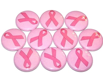 Breast Cancer Awareness Pins (10 Pack), Pink Ribbon On Pink, Breast Cancer Support, 1" or 1.5" or 2.25" Pinback Pin Back Buttons or Magnets