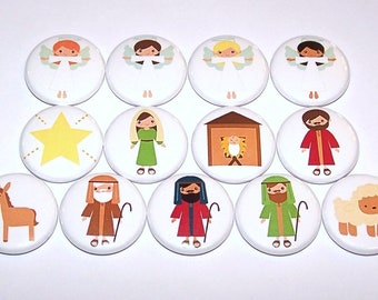 Christmas Nativity Set of Pins (13 Pack), 1" or 1.5" or 2.25" Pin Back Buttons or Magnets, Nativity Scene, Birth of Jesus Manger, Angel Pins