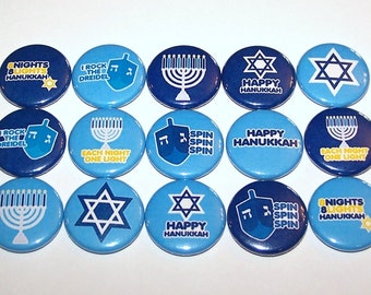 Happy Hanukkah Pins (15 Pack) Blue Hanukkah Pinback Buttons, 1" or 1.5" or 2.25" Pin Back Buttons or Magnets, Jewish Favors, Star of David