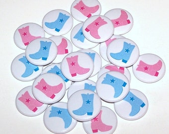 Cowboy & Cowgirl Boots Gender Reveal Party (20 Pack) Buttons Baby Shower Favor 1" or 1.5" or 2.25" Pin Back Button Pink Blue Magnets