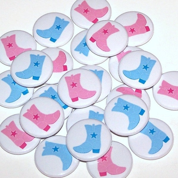 Cowboy & Cowgirl Boots Gender Reveal Party (20 Pack) Buttons Baby Shower Favor 1" or 1.5" or 2.25" Pin Back Button Pink Blue Magnets