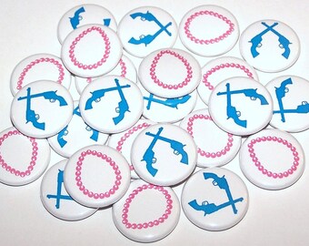 Botones de pistolas y perlas para fiesta de revelación de género (paquete de 20), recuerdo de baby shower, botón con alfiler de 1", 1,5" o 2,25", imanes rosas y azules