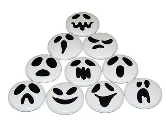 Halloween Ghost Faces Pins (10 Pack), Spooky Ghostly PinBack Buttons, 1" or 1.5" or 2.25" Pin Back Button or Magnet, Fall October Party