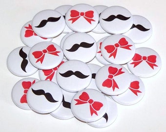 Moustache Mustache & Bows Gender Reveal Party (20 Pack) Buttons Baby Shower Favor 1" or 1.5" or 2.25" Pin Back Button Red Black Magnets