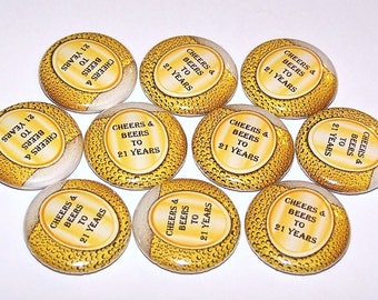 Cheers & Cervezas a 21 Años Pines (10 Pack), 21st Birthday Party Favors, 1" o 1.5" o 2.25" Pin Back Buttons or Magnets, Beer Theme Birthday