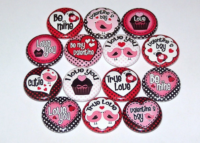 Valentine's Day Cutie Pins 14 Pack, 1 or 1.5 or 2.25 Pin Back Buttons or Magnets, Valentine Gifts, Valentine Card Buttons, Love Hearts imagem 1