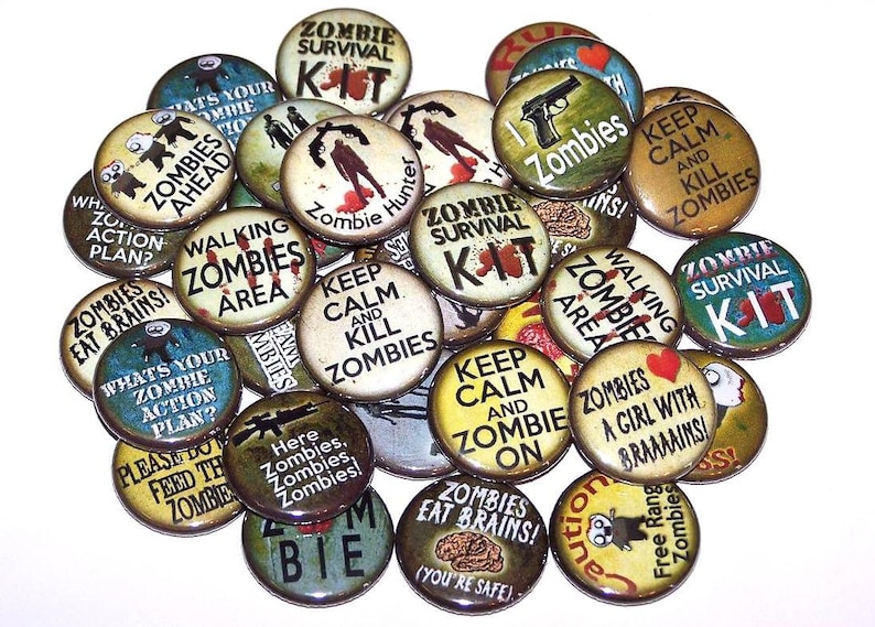 Zombies Pins Zombie Party Favors 10 Pack, 1 or 1.5 or 2.25 Pin Back Buttons or Magnets, Zombie Buttons image 1