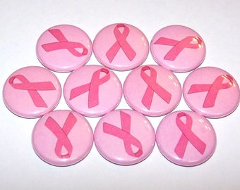 Breast Cancer Awareness Pins (10 Pack), Pink Ribbon On Pink, Breast Cancer Support, 1" or 1.5" or 2.25" Pinback Pin Back Buttons or Magnets