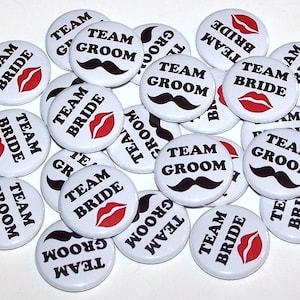 Team Bride Lips & Team Groom Mustache Wedding Party Favor (24 Pack) Buttons 1&quot; or 1.5&quot; or 2.25&quot; Pin Back Button Red Black White Magnets