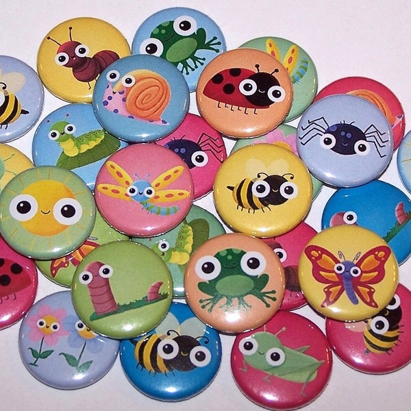 Spring Time Bugs Insects Creatures Set of 10 Buttons 1 Inch Pinback Buttons 1" Pins or Magnets