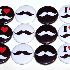 I Love Mustache Pins (12 Pack), Mustache Pinback Button Party Favors, 1&quot; or 1.5&quot; or 2.25&quot; Pin Back Buttons or Magnets, Mustache Party Favors
