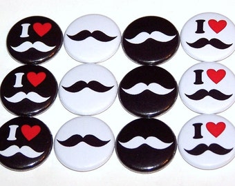 I Love Mustache Pins (12 Pack), Mustache Pinback Button Party Favors, 1" or 1.5" or 2.25" Pin Back Buttons or Magnets, Mustache Party Favors