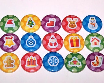Juego de 15 botones con temática navideña, de 1 pulgada, con alfileres o imanes de 1 pulgada