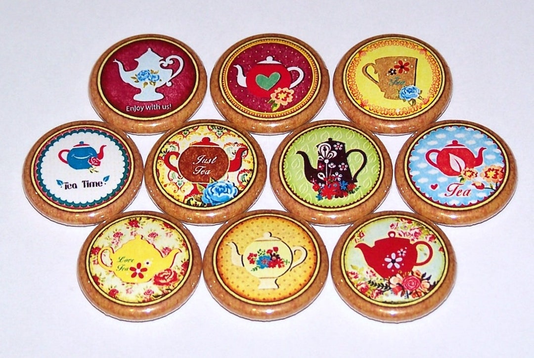 Floral Tea Party Pins 10 Pack Teapot Buttons Party Favors 1 or 1.5 or 2