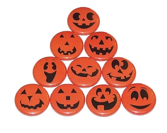 Halloween Pumpkin Faces Pins (10 Pack), Jack-O-Lantern PinBack Buttons, 1" or 1.5" or 2.25" Pin Back Button or Magnet, Fall October Pumpkins