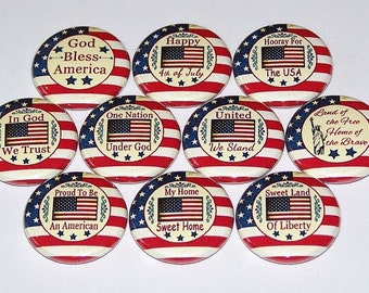 4th of July Pins (10 Pack) USA Flag Buttons Party Favors Pins 1" or 1.5" or 2.25" Pinback Buttons or Magnets Stars and Stripes United States