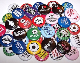 Soccer Pins Soccer Buttons Soccer Theme Set of 10 Buttons 1" or 1.5" Pin Back Buttons or Magnets Soccer Team Party Favors Football Buttons