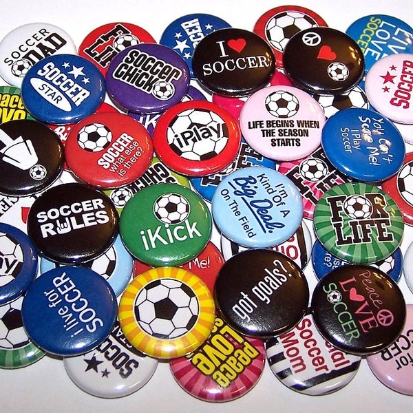 Soccer Pins Soccer Buttons Soccer Theme Set of 10 Buttons 1" or 1.5" Pin Back Buttons or Magnets Soccer Team Party Favors Football Buttons