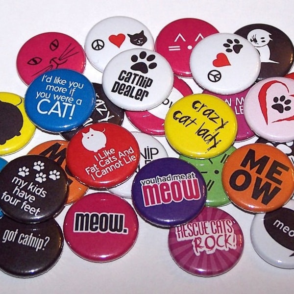 I Love Cats Pins (10 Pack), 1" or 1.5" or 2.25" Pin Back Buttons or Magnets, Cat Mom, Cat Lover, Kitten Animal Rescue Shelter, Paw Print