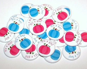 Botones de calabaza para fiesta de revelación de género de Halloween (paquete de 20), recuerdo de baby shower de 1", 1,5" o 2,25", con cierre de alfiler, rosa, azul, otoño, Acción de Gracias