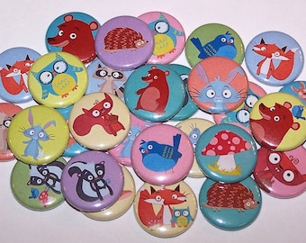 Forest Animals Woodland Critters Set of 10 Buttons 1" Pins or Magnets