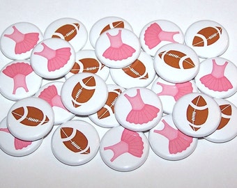 Tutus & Touchdowns Football Gender Reveal Party (20 Pack) Buttons Baby Shower Favor 1" or 1.5" or 2.25" Pin Back Button Pink Brown Magnets