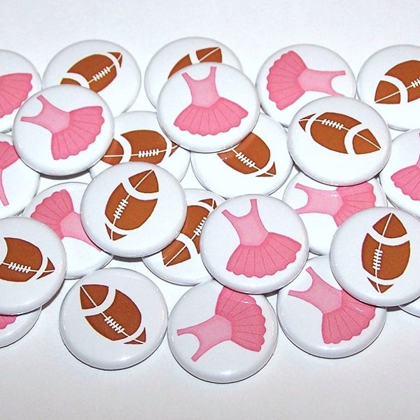 Tutus & Touchdowns Football Gender Reveal Party (20 Pack) Buttons Baby Shower Favor 1" or 1.5" or 2.25" Pin Back Button Pink Brown Magnets