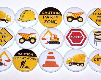 Construction Party Favors (15 Pack), Dump Truck Pinback Buttons, 1" or 1.5" or 2.25" Pin Back Buttons or Magnets, Yellow Builder, Road Signs