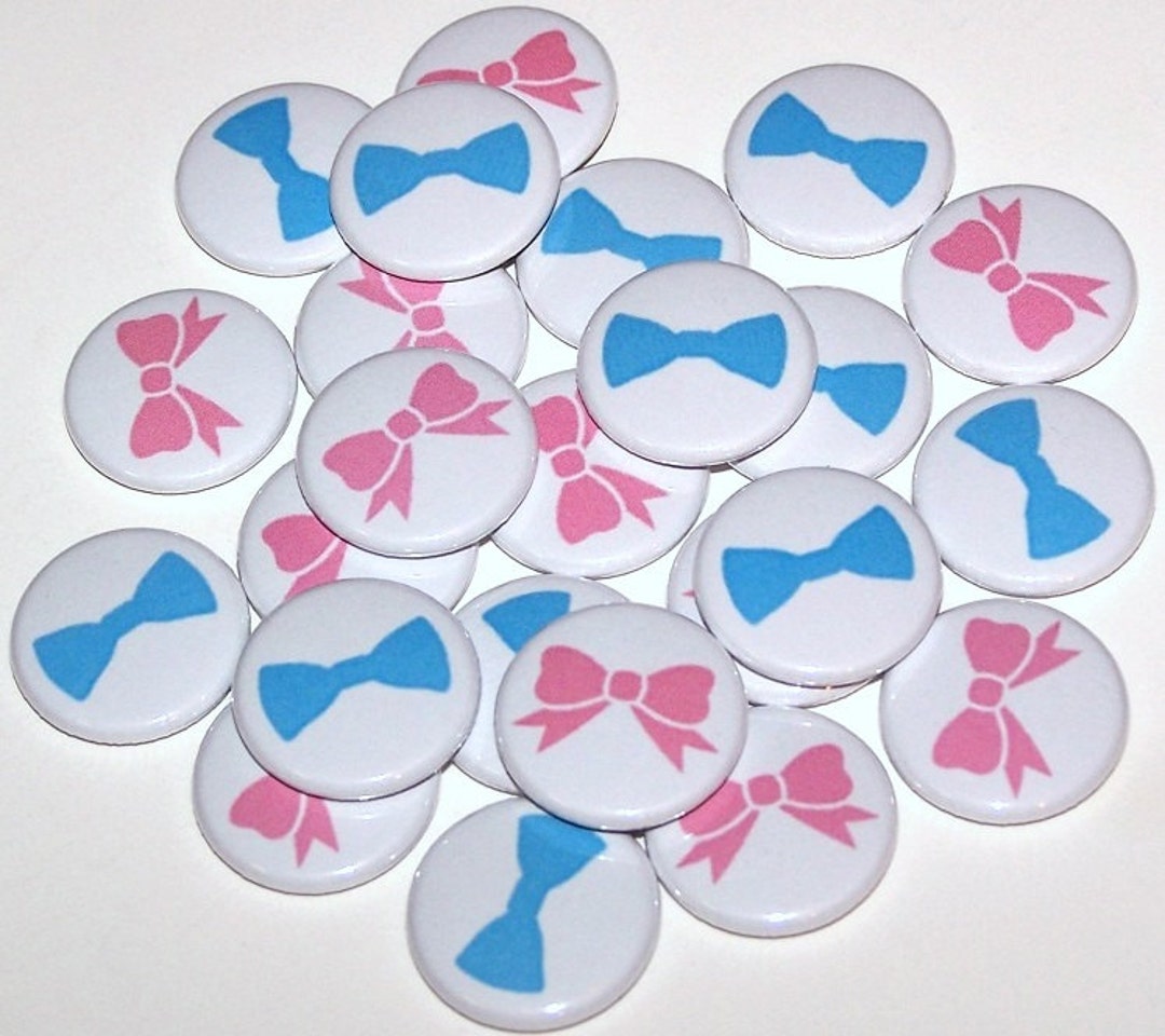 Bows & Bowties Gender Reveal Party 20 Pack Buttons Baby Shower Favor 1 or 1.5 or 2.25 Pin Back