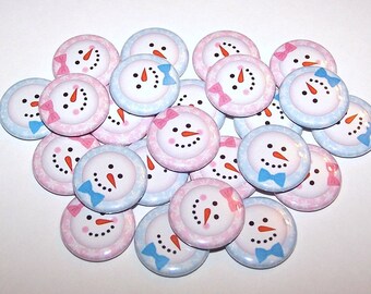 Winter Snowman Faces Heads Gender Reveal Party (20 Pack) Botones Baby Shower Favor 1" o 1.5" o 2.25" Pin Back Button Pink Blue Magnets