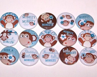 Juego de 15 botones de Silly Monkey de 1 pulgada con alfiler, alfileres o imanes de 1 pulgada, mono azul marrón niña