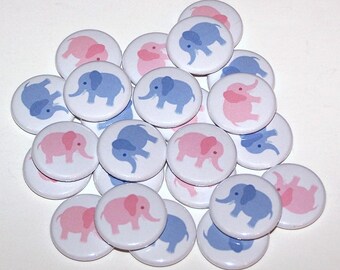 Baby Elephant Gender Reveal Party (20 Pack) Buttons Baby Shower Favor 1" or 1.5" or 2.25" Pin Back Button Pink Blue Magnets