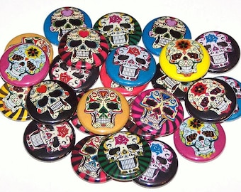 Sugar Skulls Pins (10 Pack), Day of the Dead Buttons, 1" or 1.5" or 2.25" Pinback Buttons or Magnets, Sugar Skull Party Favors