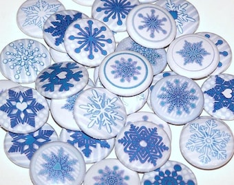 Blue Winter Snowflakes Set of 10 Buttons 1" Pins or Magnets