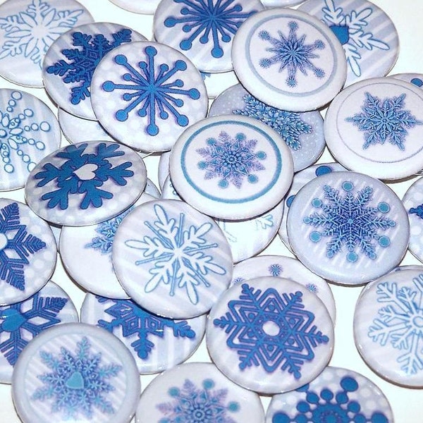 Blue Winter Snowflakes Set of 10 Buttons 1" Pins or Magnets