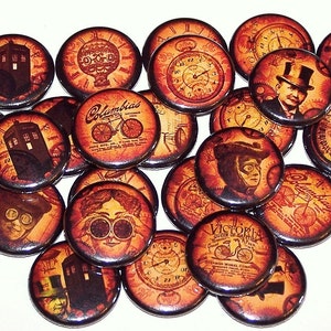 Steam Punk Theme Buttons Steampunk Time Travel Motion Pins (10 Pack), 1&quot; or 1.5&quot; or 2.25&quot; Pin Back Buttons or Magnets