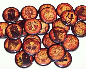 Steam Punk Theme Buttons Steampunk Time Travel Motion Pins (10 Pack), 1" or 1.5" or 2.25" Pin Back Buttons or Magnets