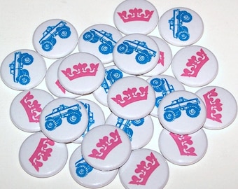 Trucks & Tiaras Crowns Gender Reveal Party (20 Pack) Buttons Baby Shower Favor 1" or 1.5" or 2.25" Pin Back Button Pink Blue Magnets