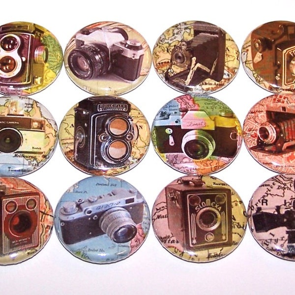 Retro Cameras Pins (12 Pack) Vintage Look Camera Buttons 1",  1.5" or 2.25" Pin Backs or Magnets Party Favors Photographer Photography Photo