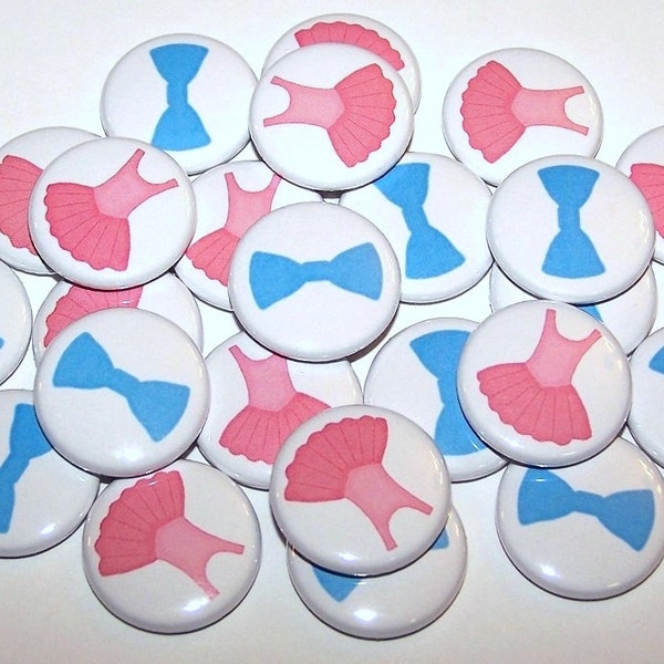 Tutus & Bowties Gender Reveal Party (20 Pack) Buttons Baby Shower Favor 1" or 1.5" or 2.25" Pin Back Button Pink Blue Magnets Bow Ties