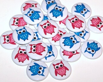 Owls Gender Reveal Party (20 Pack) Buttons Baby Shower Favor 1" or 1.5" or 2.25" Pin Back Button Pink Blue Magnets