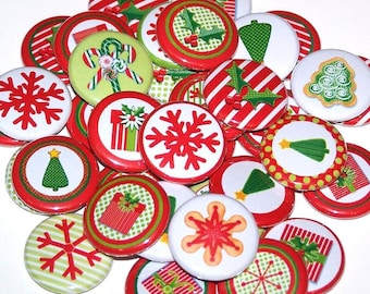 Red & Green Christmas Holiday Assortment Set of 10 Buttons 1 Inch Pinback Buttons 1" Pins or Magnets