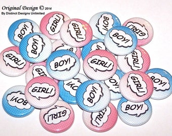 Comic Book Speech Thought Bubble Gender Reveal Party (20 Pack) Buttons Baby Shower Favor 1" or 1.5" or 2.25" Pin Back Button Pink Blue
