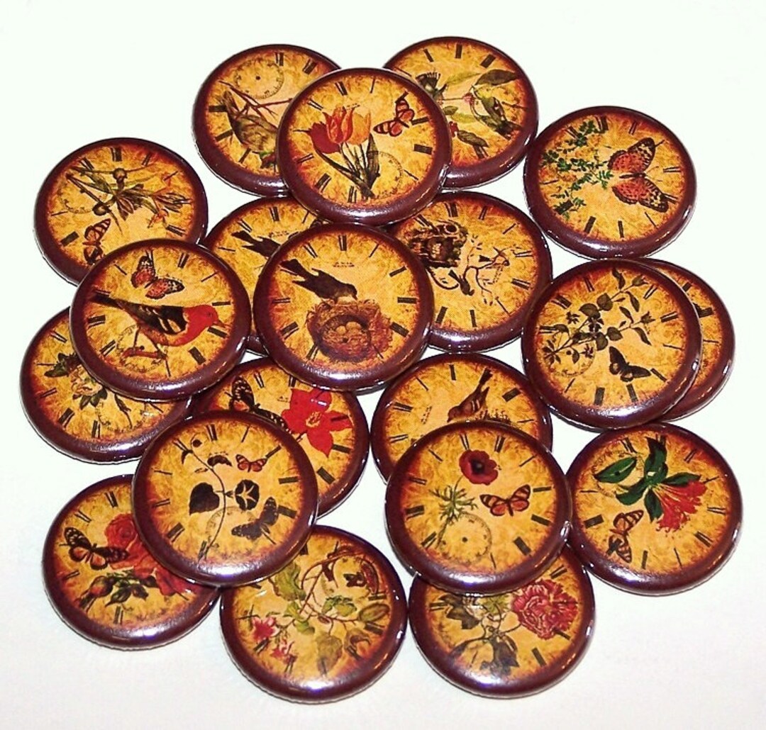 Time Garden Aged Clocks Butterfly Birds & Flowers Pins 10 Pack 1 or 1.5