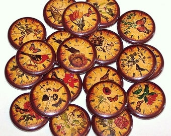 Time Garden Aged Clocks Butterfly Birds & Flowers Pins (10 Pack) 1" or 1.5" or 2.25" Pin Back Buttons or Magnets, Vintage Look Clock Buttons